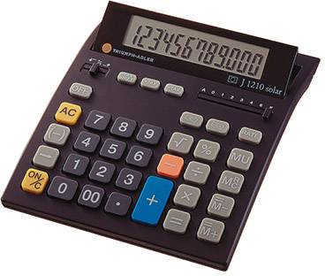Une calculatrice de bureau avec un grand écran affiche les chiffres '1234567890'. Elle possède des touches colorées, y compris une touche plus bleue et une touche moins jaune.