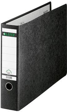 Un classeur noir Leitz avec une étiquette pour inscription, adapté au rangement de documents de bureau.