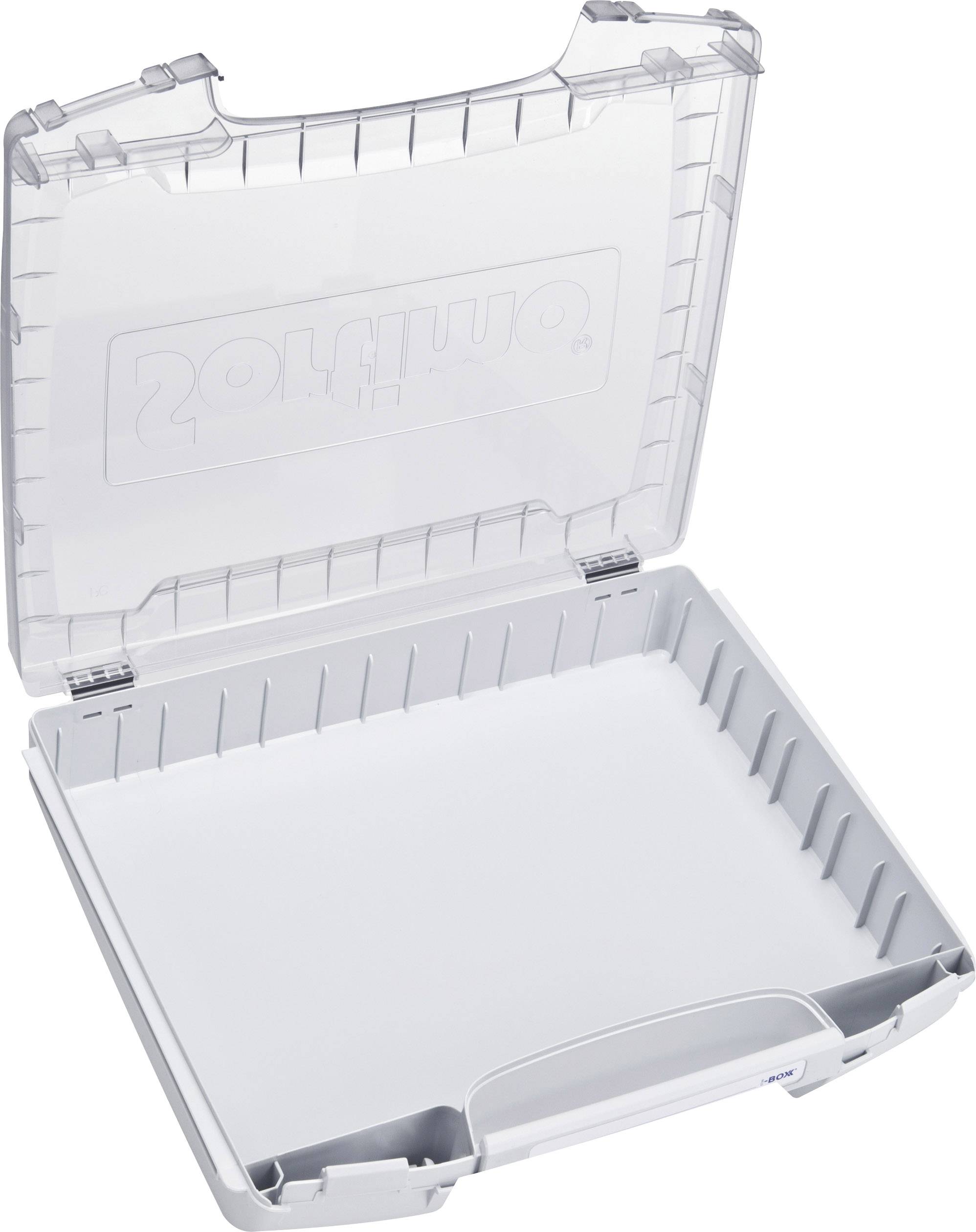 Un bac de rangement transparent en plastique avec couvercle ouvert, adapté pour stocker de petits objets ou des outils.