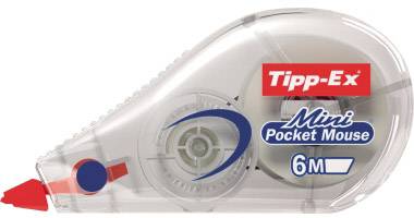 Correcteur roller 'Tipp-Ex Mini Pocket Mouse' avec une longueur de bande de 6 m, dans un boîtier transparent au design rouge et bleu.