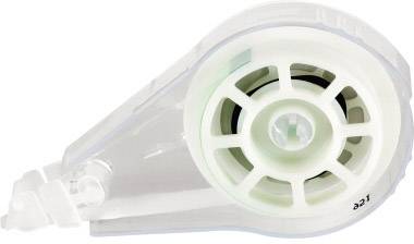 Un rouleau correcteur blanc avec un boîtier transparent, montrant le ruban et le mécanisme à l'intérieur.