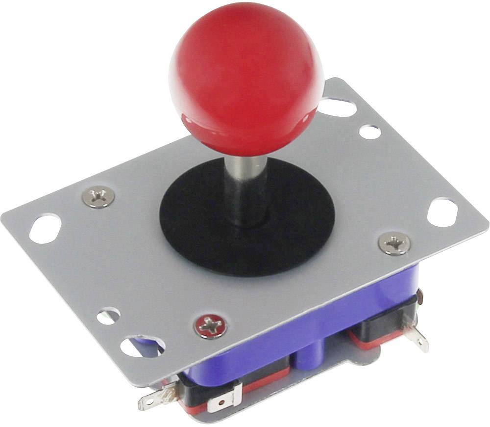 Un joystick rouge avec un cadre de base métallique. Le joystick possède une boule rouge ronde comme poignée et est maintenu par quatre vis.