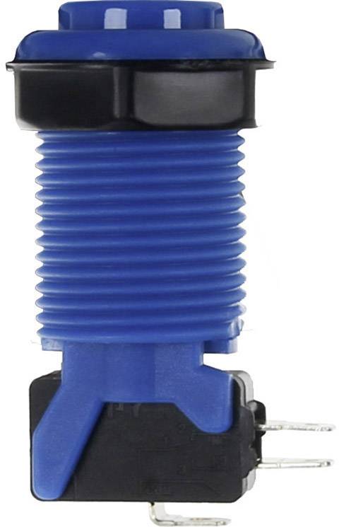 Bouton bleu avec boîtier strié et détails noirs. Deux contacts métalliques pour connexions électriques sur la face inférieure.