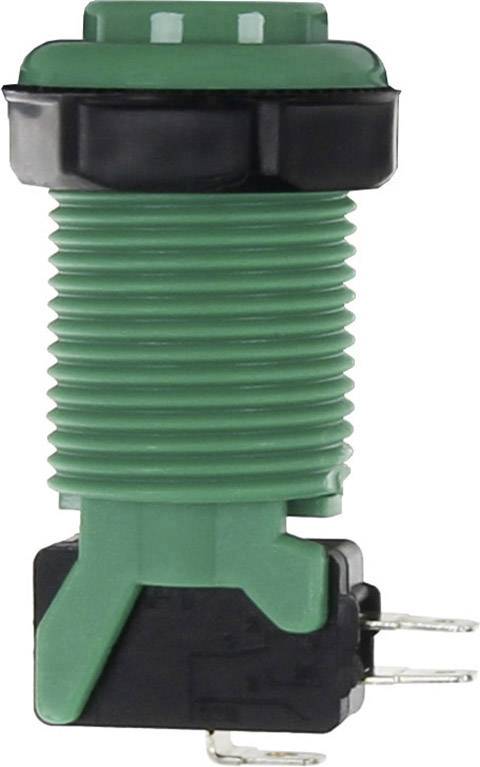 Un bouton-poussoir vert, montable, avec un bord noir et des connexions métalliques en bas, couramment utilisé dans des applications électroniques.
