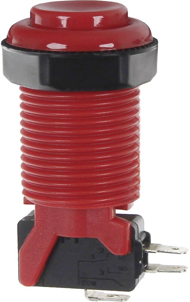 Un bouton-poussoir rouge avec un boîtier strié et trois connexions métalliques. Utilisé pour le contrôle dans les appareils électroniques.