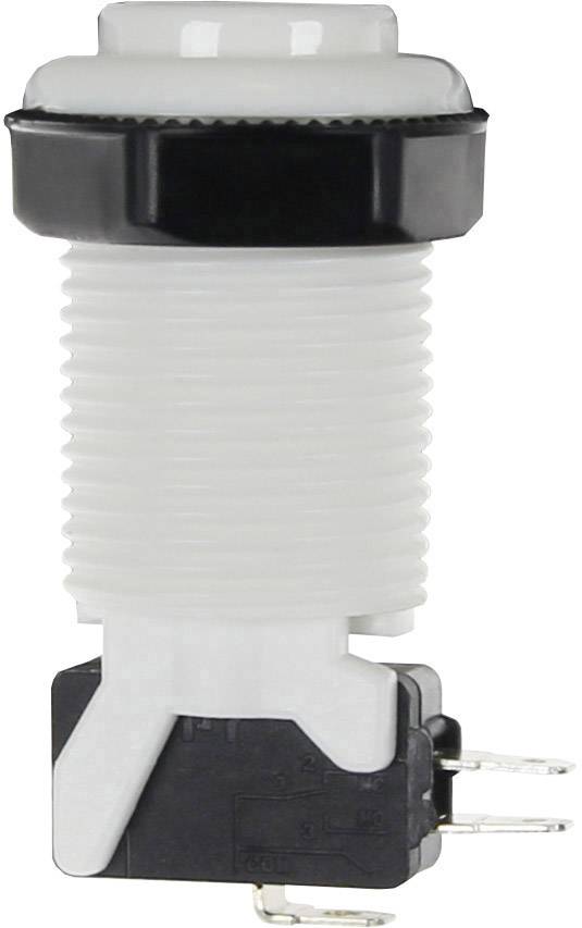 Un bouton-poussoir blanc strié avec un bord noir, vu de côté. Deux contacts métalliques dépassent en bas.