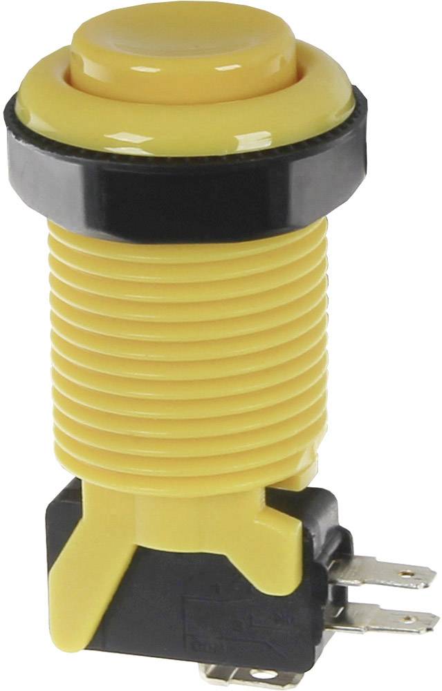Un bouton-poussoir jaune, rond, avec un bord noir, monté sur un socle noir avec des connexions électriques sur sa face inférieure.