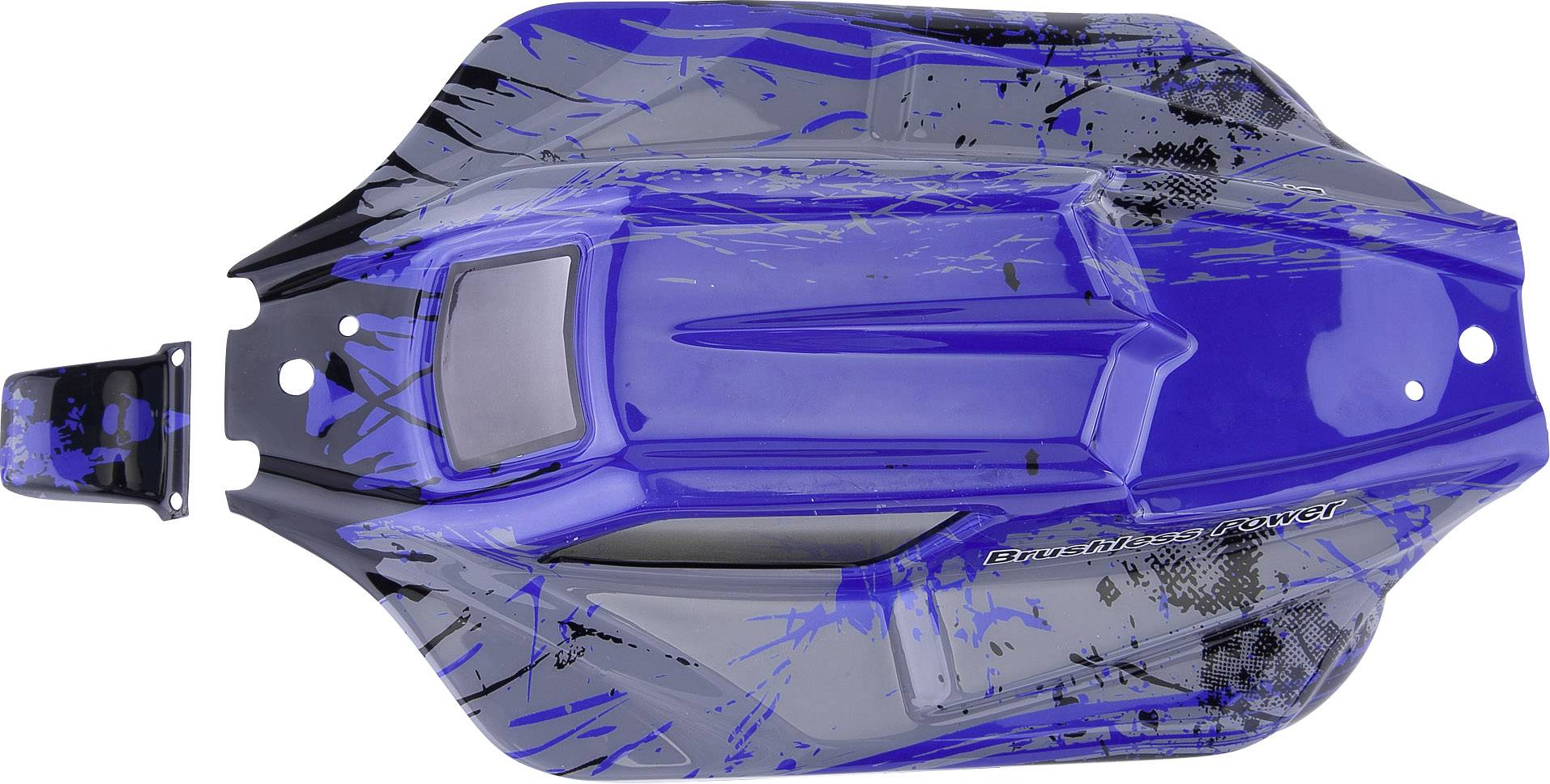 Voiture télécommandée en bleu avec des détails graphiques noirs et une partie amovible sur le côté gauche.
