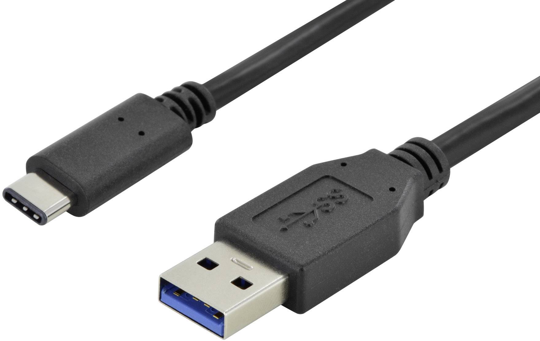 Un câble USB avec une fiche USB-C d'un côté et une fiche USB-A de l'autre, sur un fond blanc.