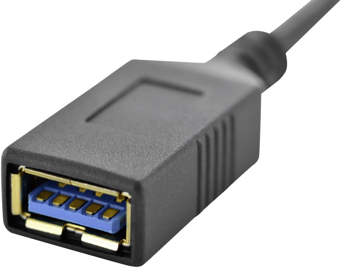 Gros plan sur une prise de câble USB noire, montrant le connecteur USB 3.0 avec des ports bleus et dorés.