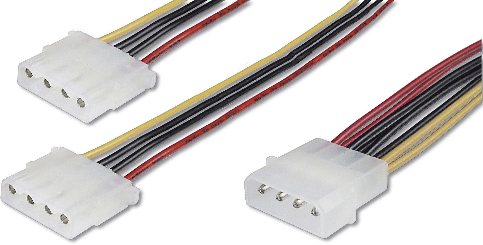 Trois fiches Molex blanches à 4 broches avec des câbles rouge, noir et jaune pour l'alimentation d'appareils informatiques.