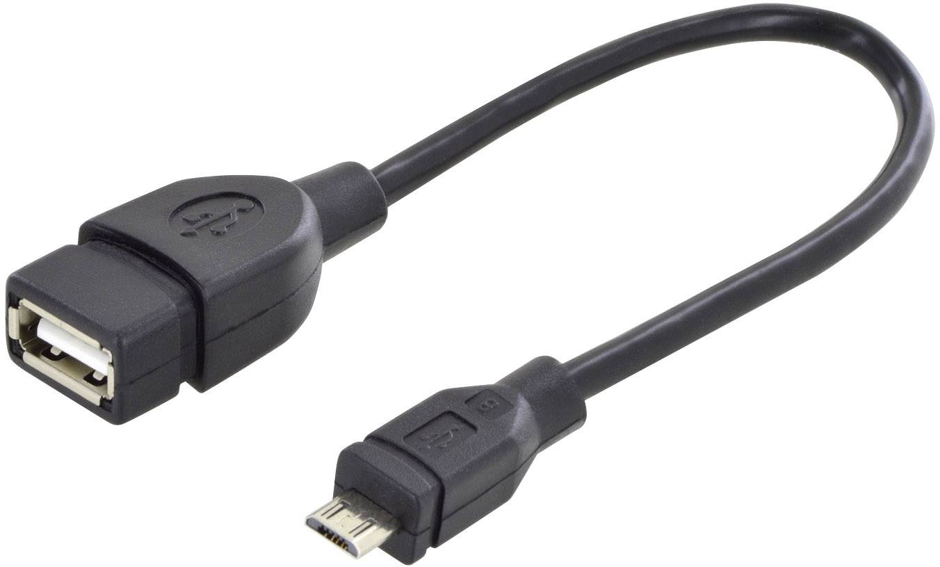 Un câble USB OTG noir avec un connecteur USB standard d'un côté et un connecteur micro-USB de l'autre côté.