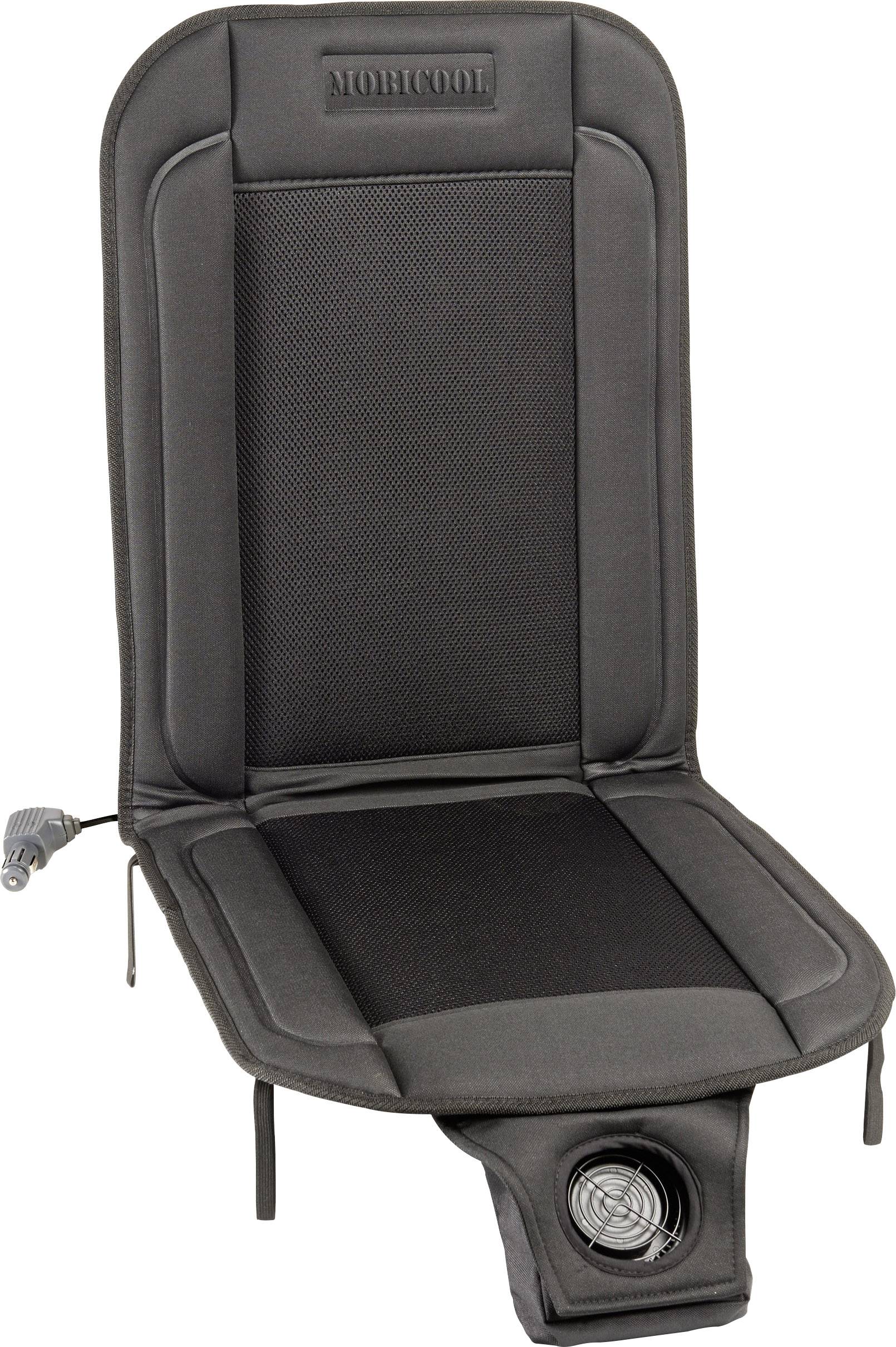 Housse de siège de voiture noire avec système de ventilation intégré et câble de connexion, conçue pour un confort rafraîchissant pendant le trajet.