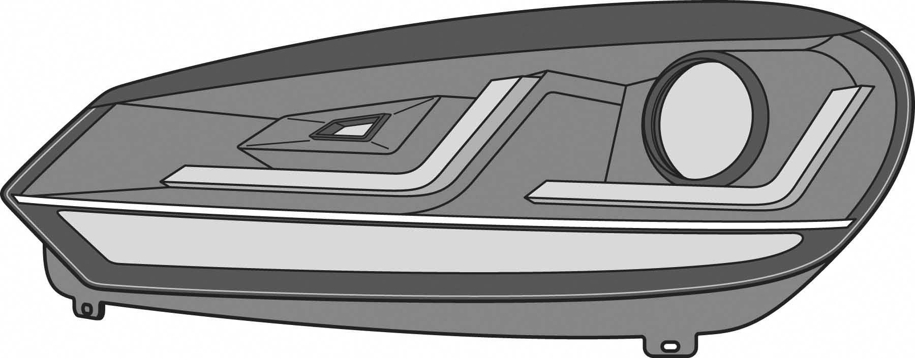 Illustration en noir et blanc d'un phare de voiture aux lignes nettes et au design géométrique.