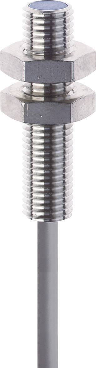 Capteur de proximité cylindrique métallique fileté, équipé de deux écrous et d'un câble à l'extrémité inférieure, destiné à la détection d'objets.