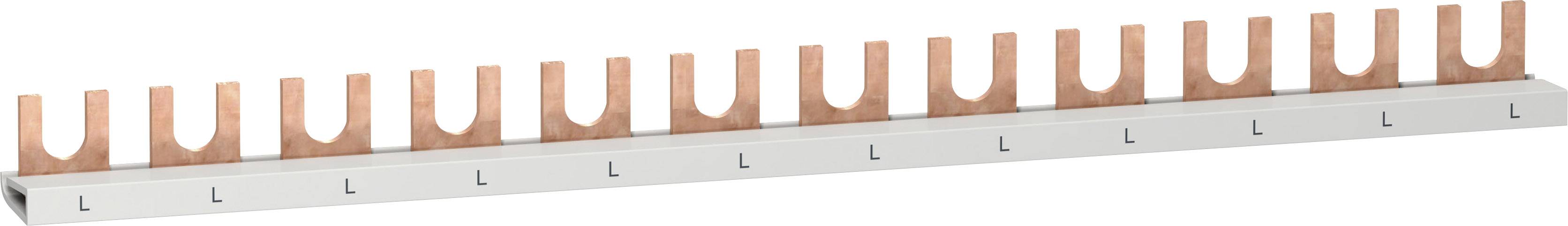 Rail de cuivre avec supports en U sur un socle gris, montrant une barre de distribution électrique pour la distribution du courant.