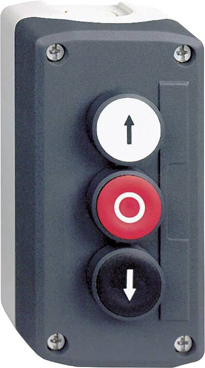 Un panneau de commande gris avec trois touches : en haut blanc avec une flèche vers le haut, au milieu rouge avec un cercle, en bas noir avec une flèche vers le bas.