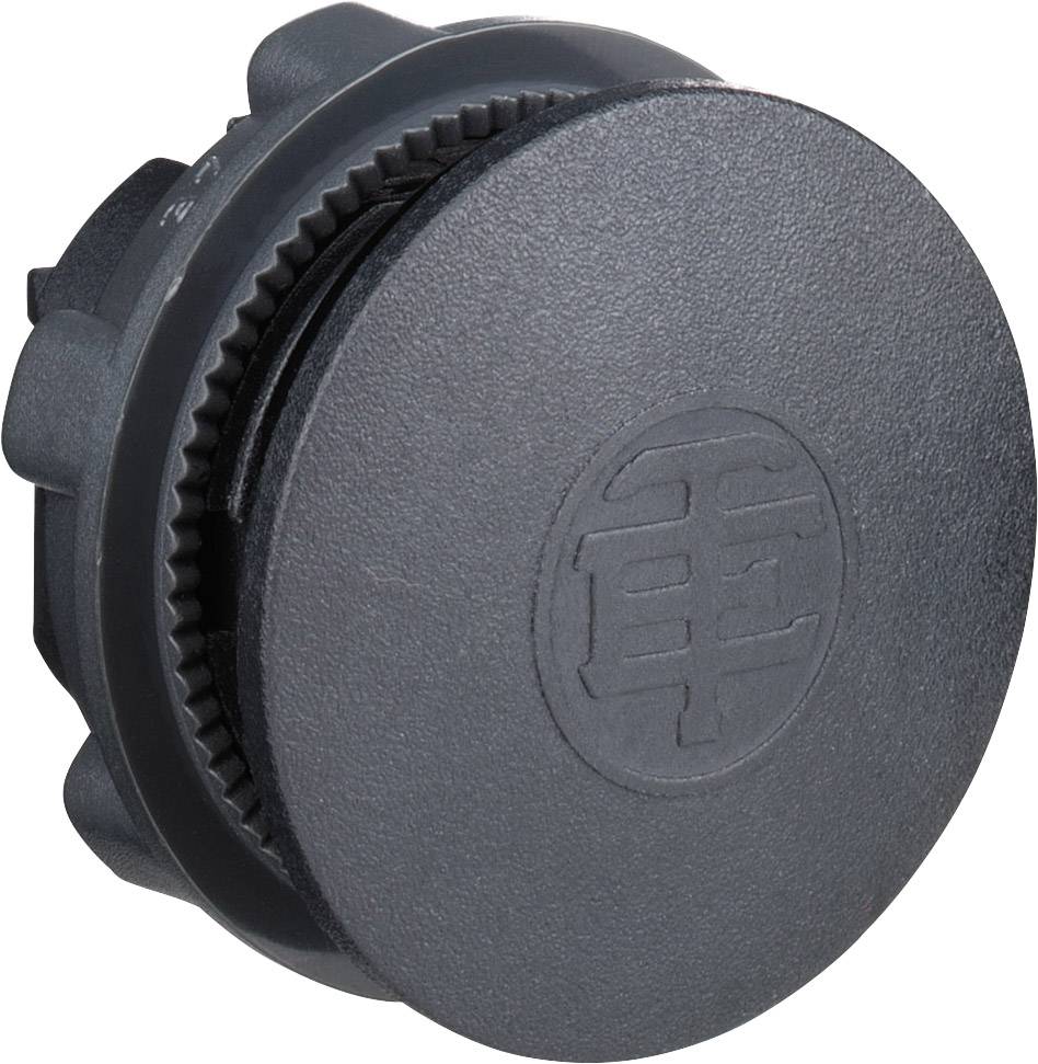 Bouchon noir en plastique, rond, avec un bord strié et un symbole au centre. Utilisé pour le scellement ou la couverture.