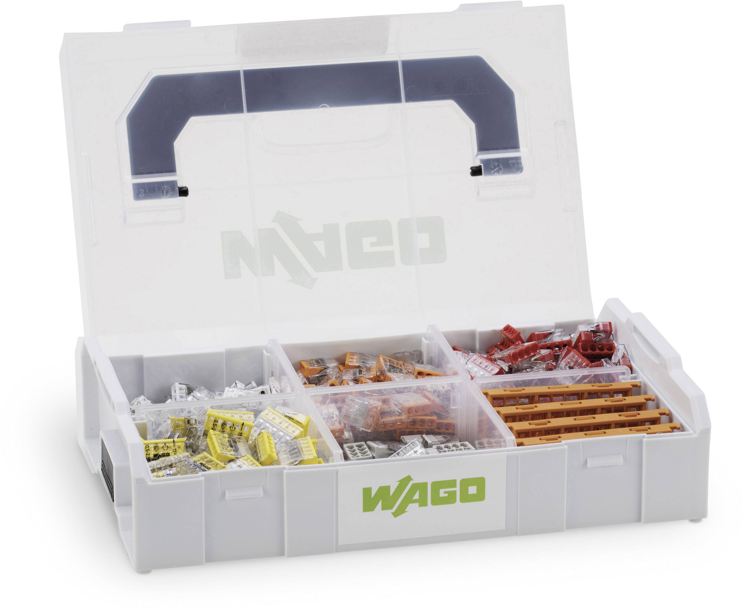 Une boîte à outils transparente contenant différentes pinces de connexion colorées, avec le logo 'Wago' sur la face avant.