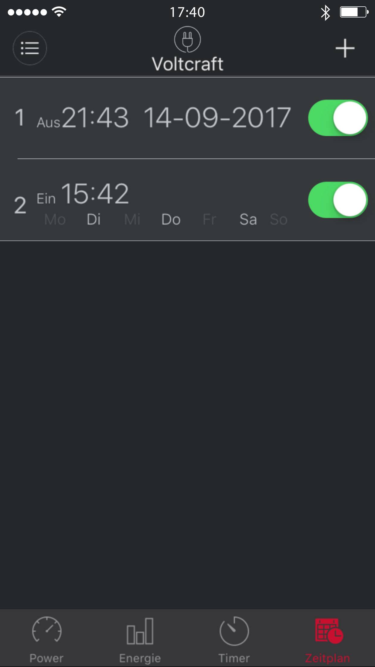 Affichage de calendrier d'une application Voltcraft montrant deux minuteries actives : la première s'éteint à 21:43 le 14-09-2017, la deuxième s'allume à 15:42.