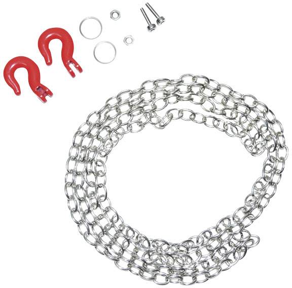 Chaîne métallique avec deux crochets rouges, vis et anneaux ; probablement un ensemble de montage ou de fixation pour systèmes suspendus.