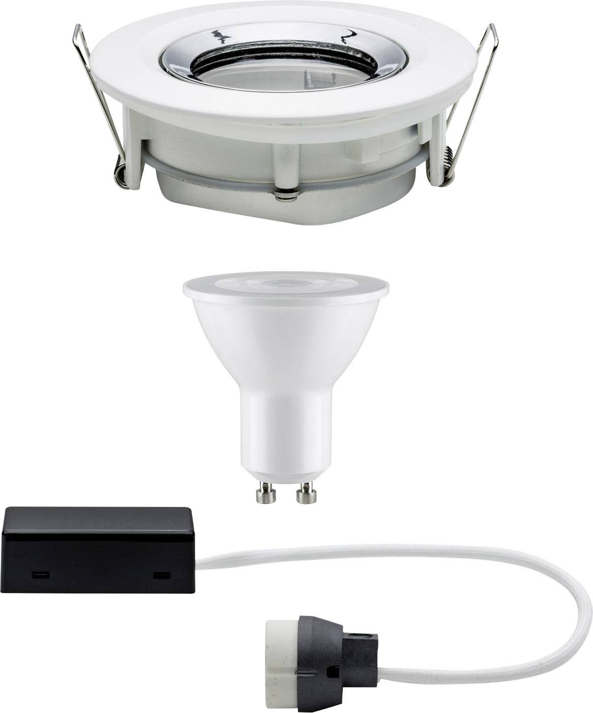 Ensemble de spots encastrables composé d'un anneau d'encastrement rond blanc, d'un luminaire LED GU10 et d'un adaptateur de câble de connexion.