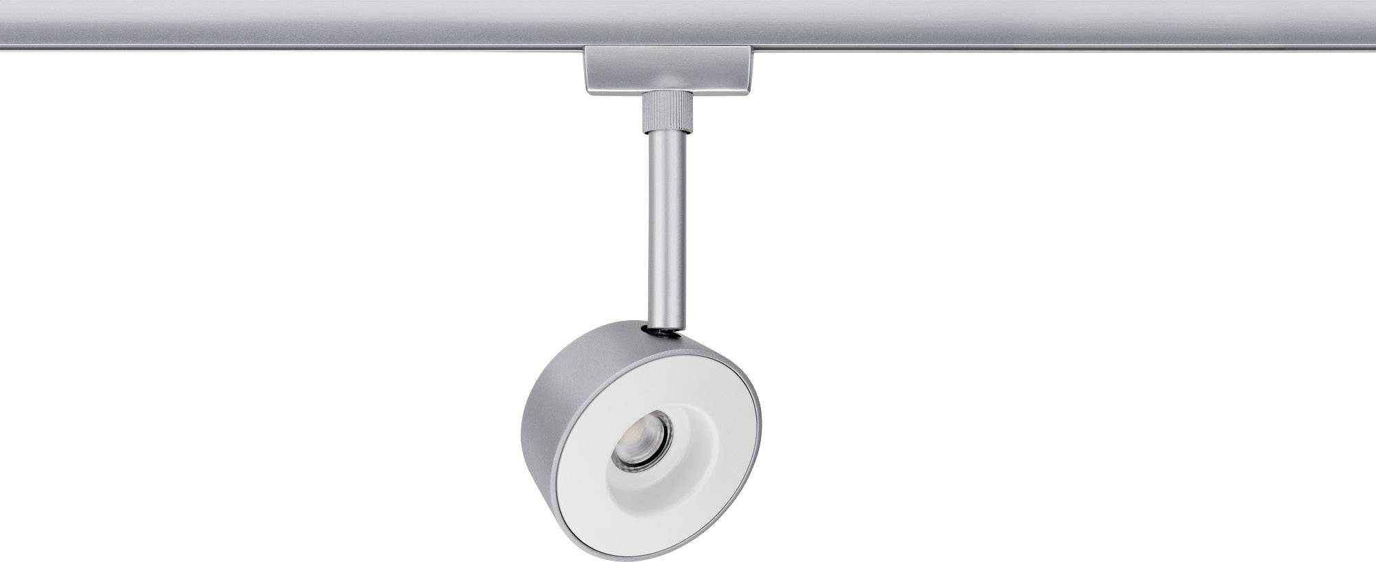 Lampe de plafond individuelle en argent avec un corps lumineux rond et une tige de connexion cylindrique, montée sur un rail.