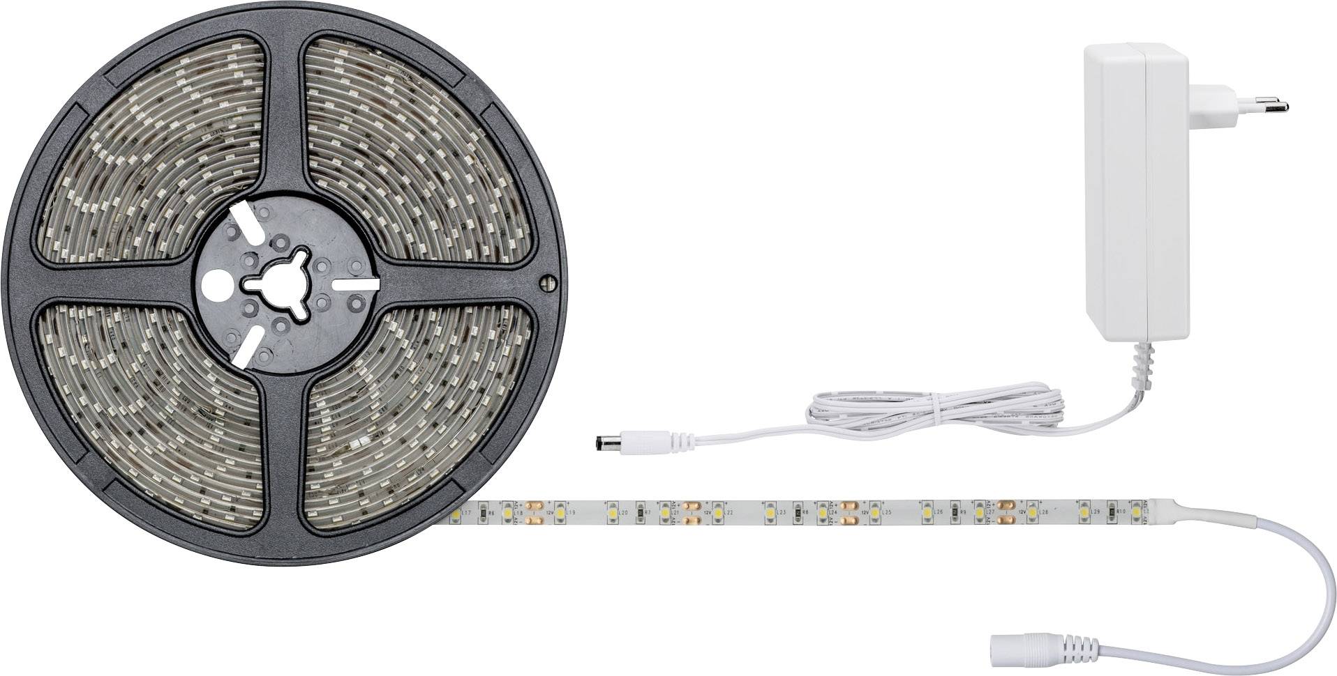 Bande lumineuse LED déroulée avec alimentation électrique et section déroulée, adaptée pour un éclairage décoratif ou fonctionnel.