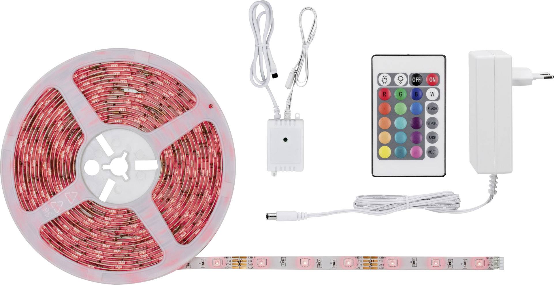 Kit de bande lumineuse LED avec télécommande et bloc d'alimentation, permettant de contrôler les couleurs et la luminosité des lumières.