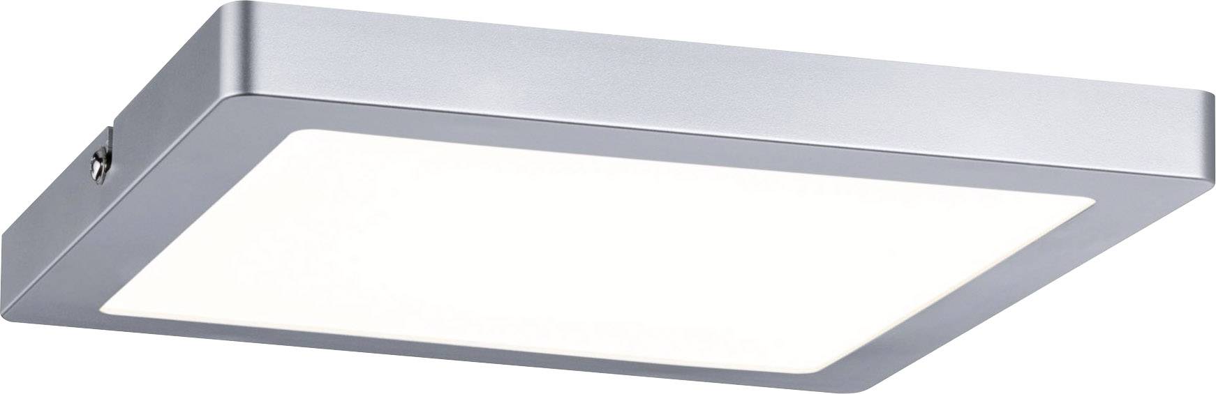 Plafonnier carré et plat de design moderne, avec un cadre argenté et une partie centrale blanche lumineuse.