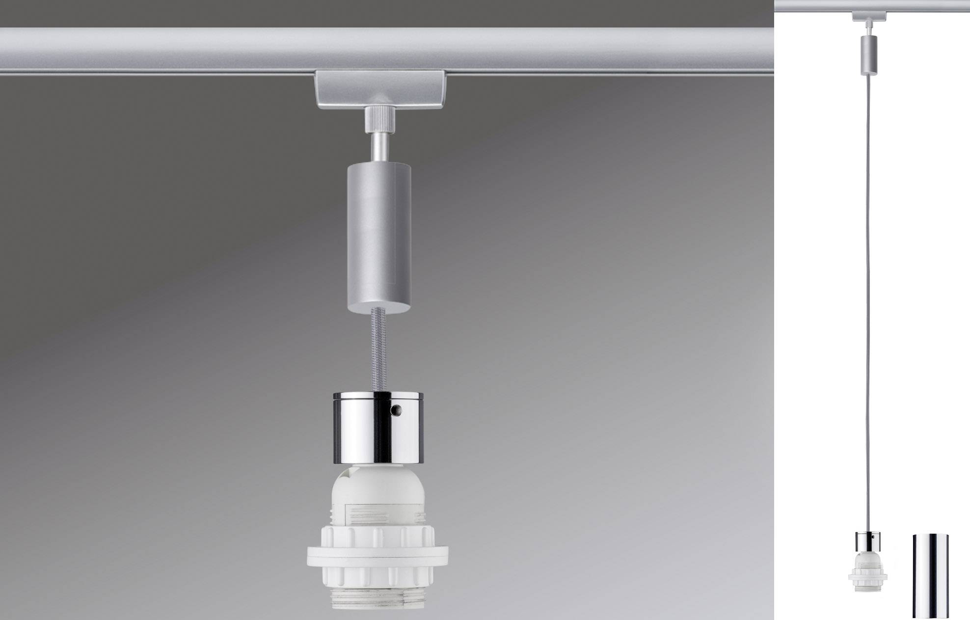 Une suspension minimaliste sans ampoule, au design argenté et blanc, est suspendue au plafond.