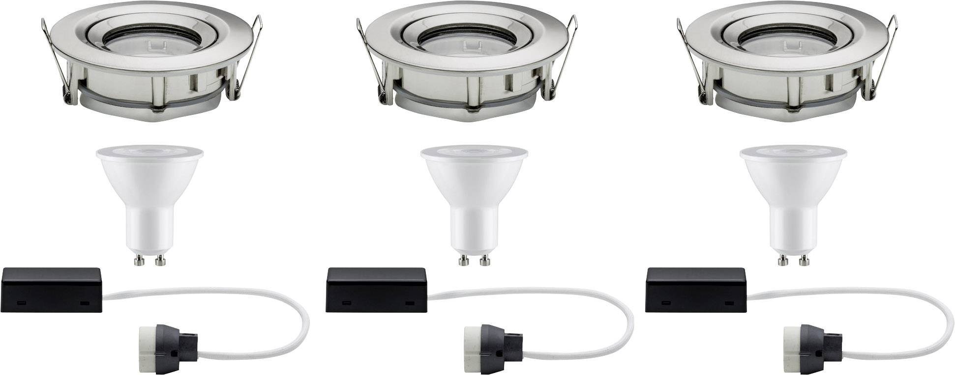 Spots encastrables LED : trois supports ronds argentés en haut. En bas, trois ampoules LED GU10 avec câbles et connexions. Adaptés pour une installation au plafond.