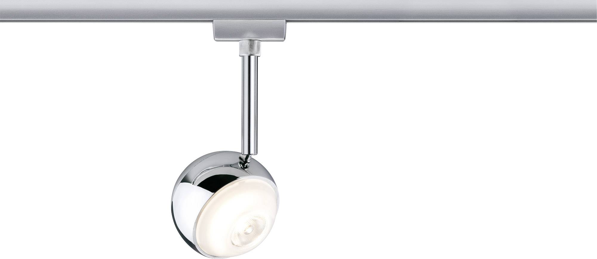 Plafonnier argenté avec spot sphérique orientable, diffusant une lumière blanche chaude. Idéal pour un intérieur moderne.