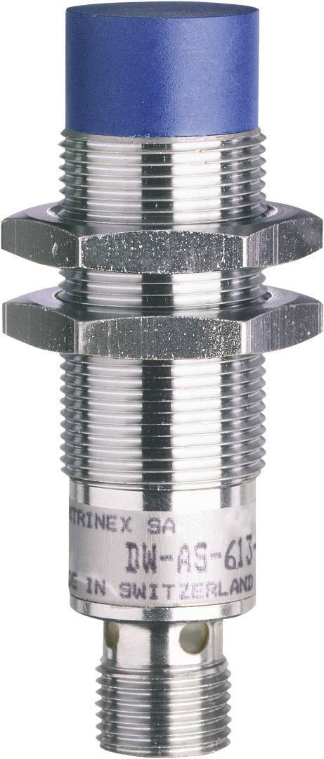 Un capteur cylindrique à tête bleue et filetage métallique. Étiqueté 'TRINEX SA DW-AS-6J'. Fabriqué en Suisse.