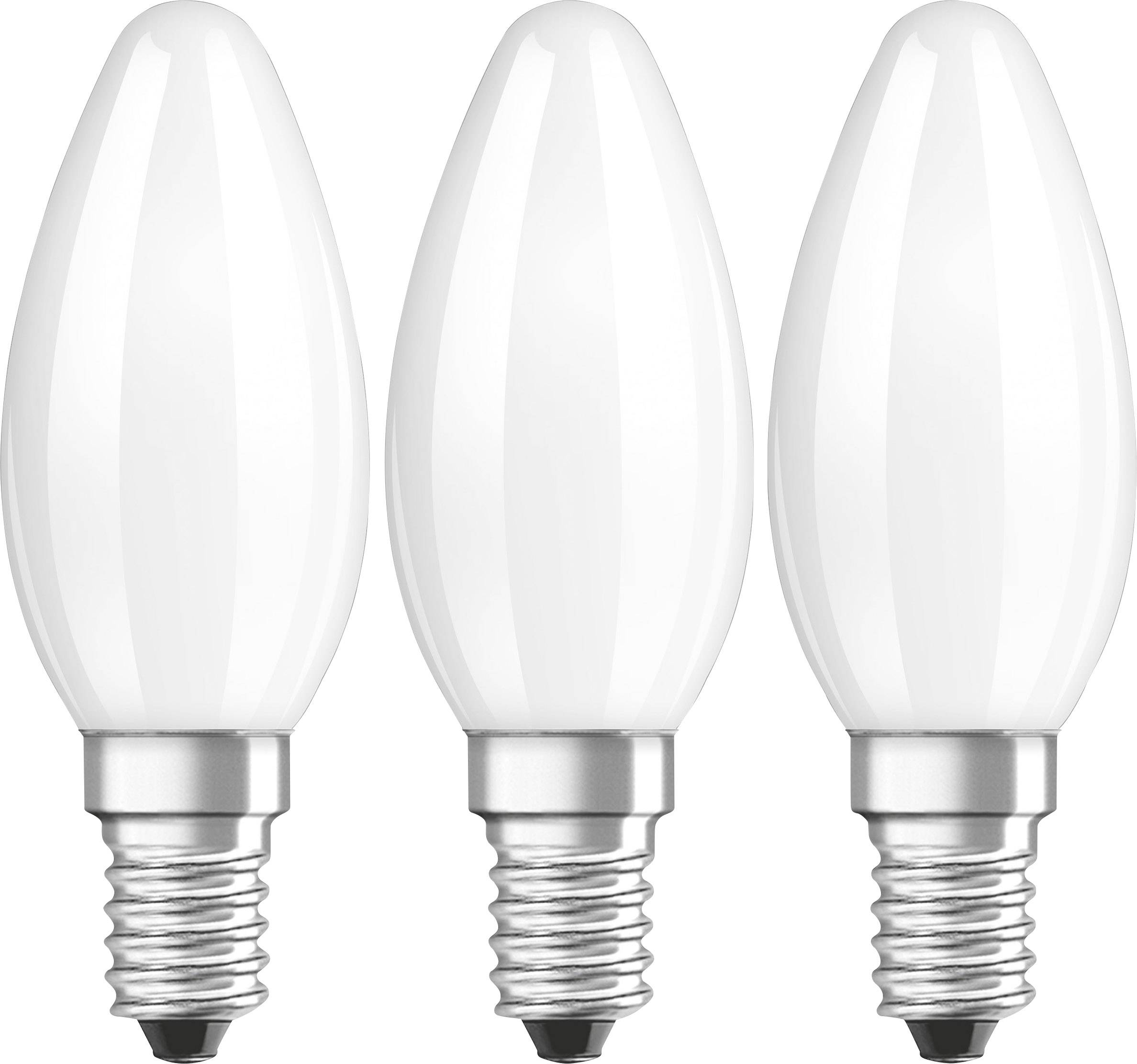 Trois lampes à bougie blanches à culot à vis, alignées horizontalement de manière uniforme.