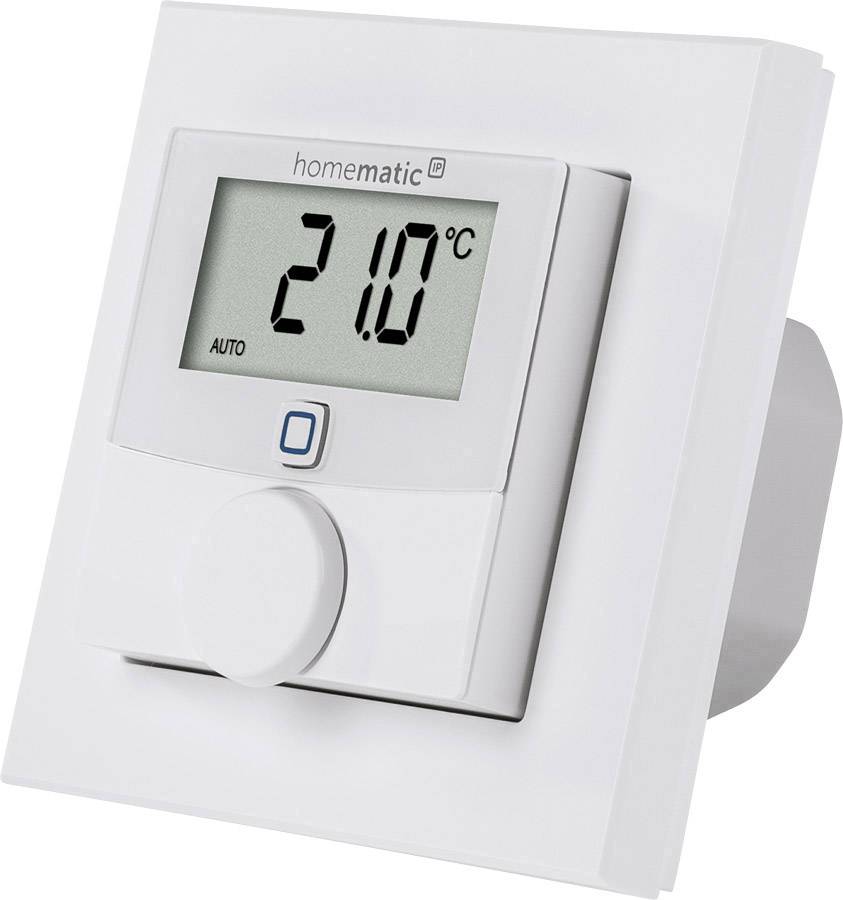 Thermostat d'ambiance numérique avec affichage indiquant '21,0°C'. Comprend un bouton rotatif pour la régulation de la température et une fonction automatique.