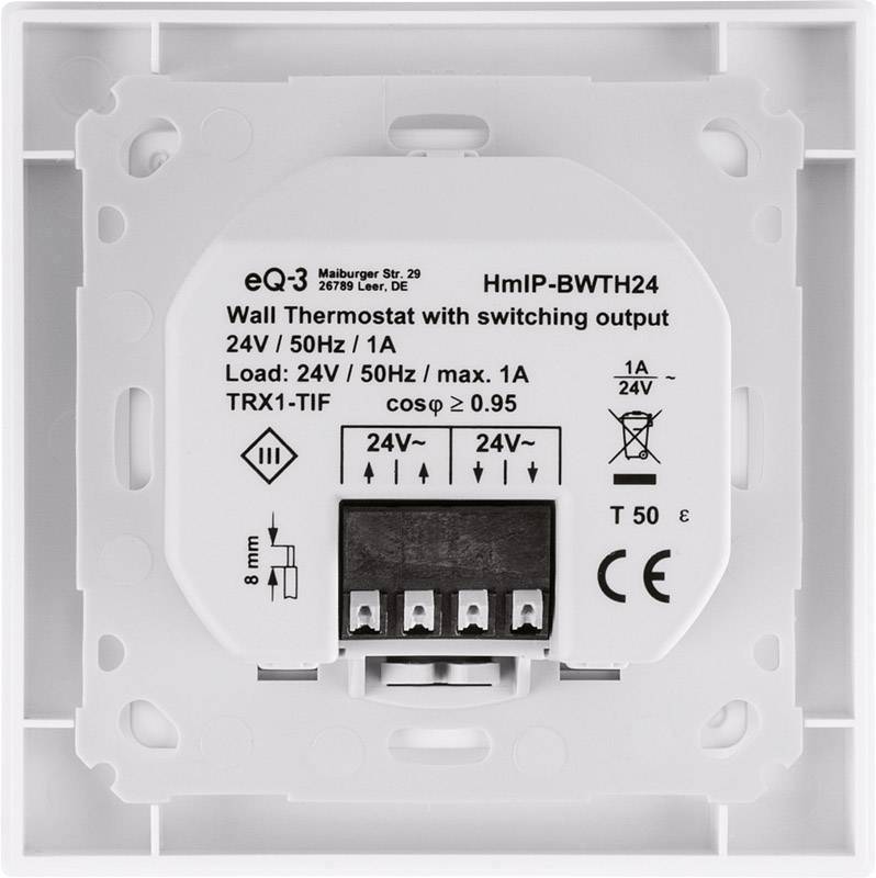 Un thermostat mural avec sortie de commutation. Étiqueté '24V/50Hz/1A', avec les informations du fabricant et un schéma de câblage.