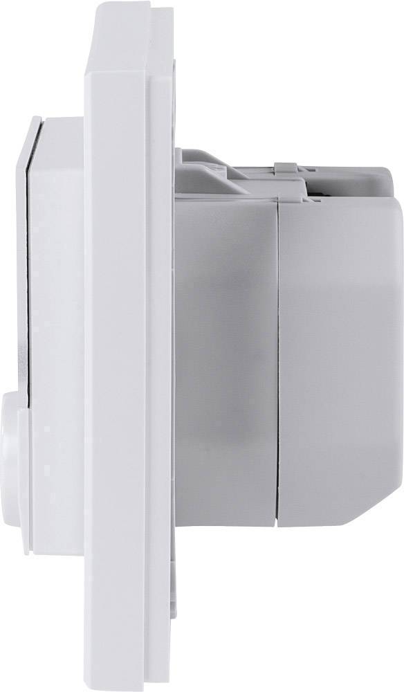 Vue latérale d'un dispositif gris rectangulaire avec un cadre blanc plat, probablement un interrupteur électrique ou un capteur.