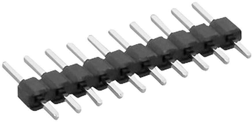 Rangée de fiches noires en plastique sur une carte électronique. Chaque fiche possède deux broches métalliques pour la connexion électrique.