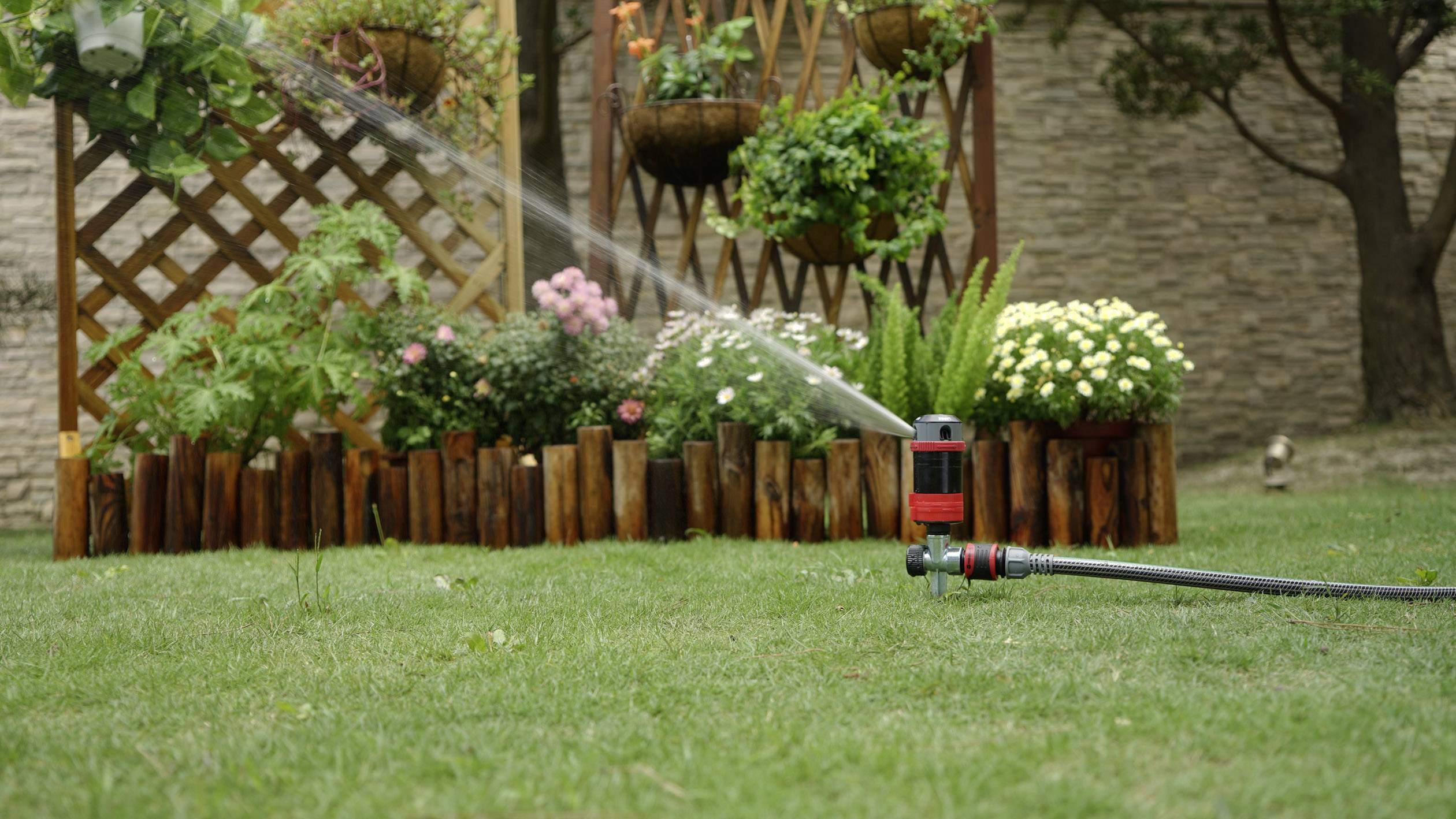 Un arroseur automatique irrigue une pelouse bien entretenue devant un espace de jardin décoré de fleurs et d'éléments en bois.
