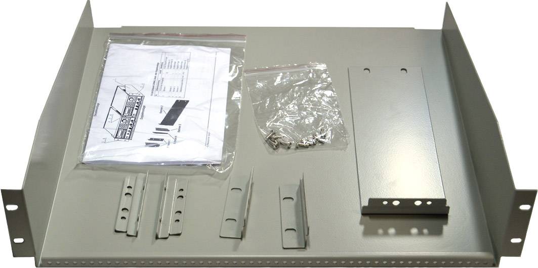 Kit d'étagère métallique avec manuel de montage, vis et supports sur une surface grise.