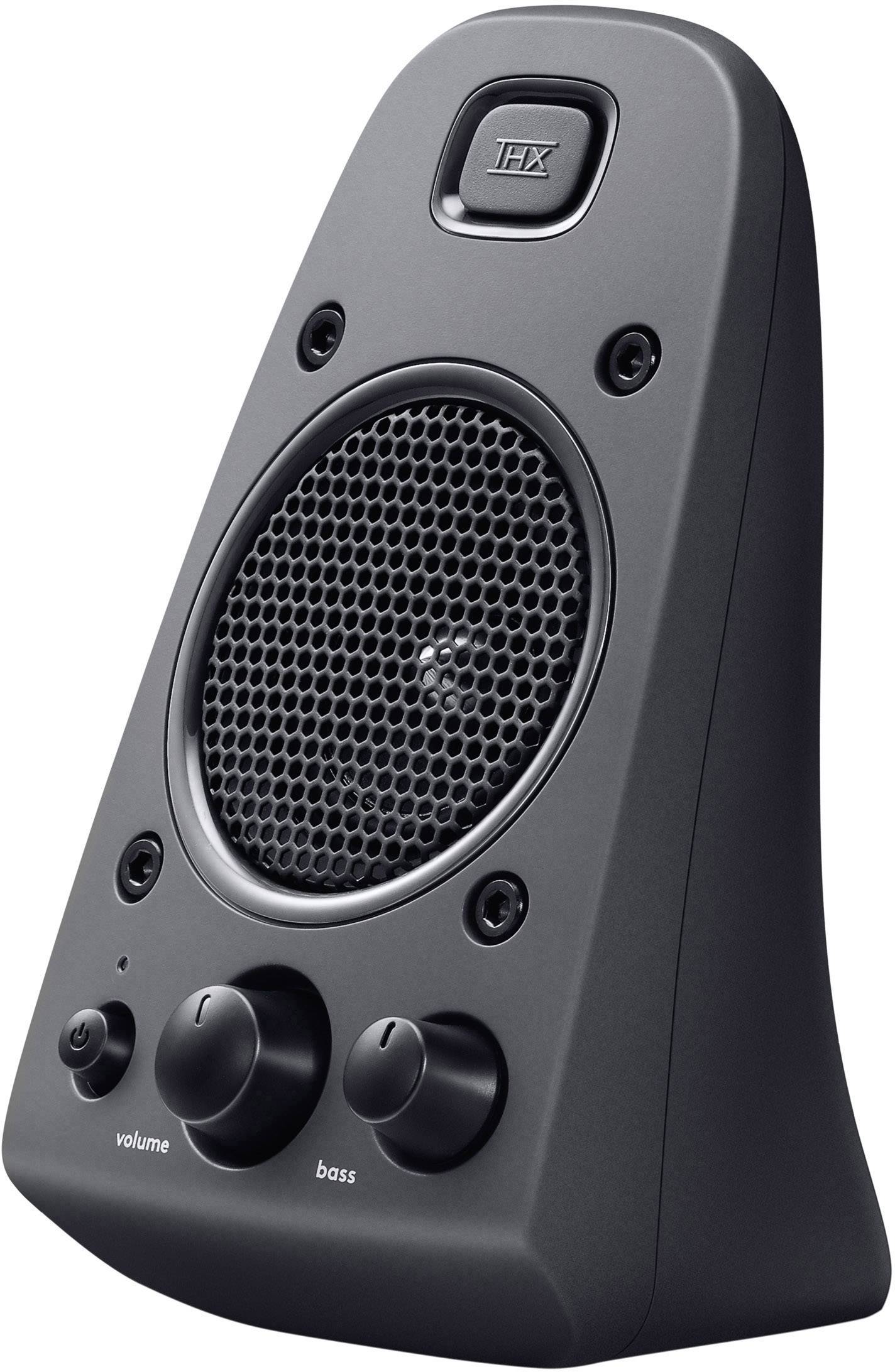 Haut-parleur noir avec commande de volume, réglage des basses et grille avant ; adapté aux ordinateurs personnels.