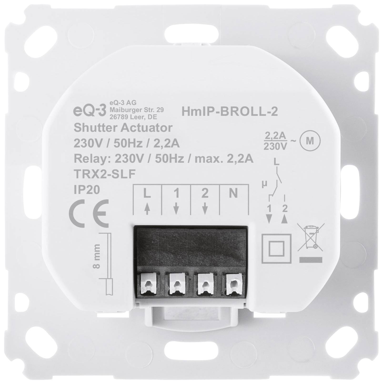 Illustration d'un actionneur de volet roulant eQ-3 HmIP-BROLL-2 avec ses spécifications techniques, incluant les informations de tension et de relais.