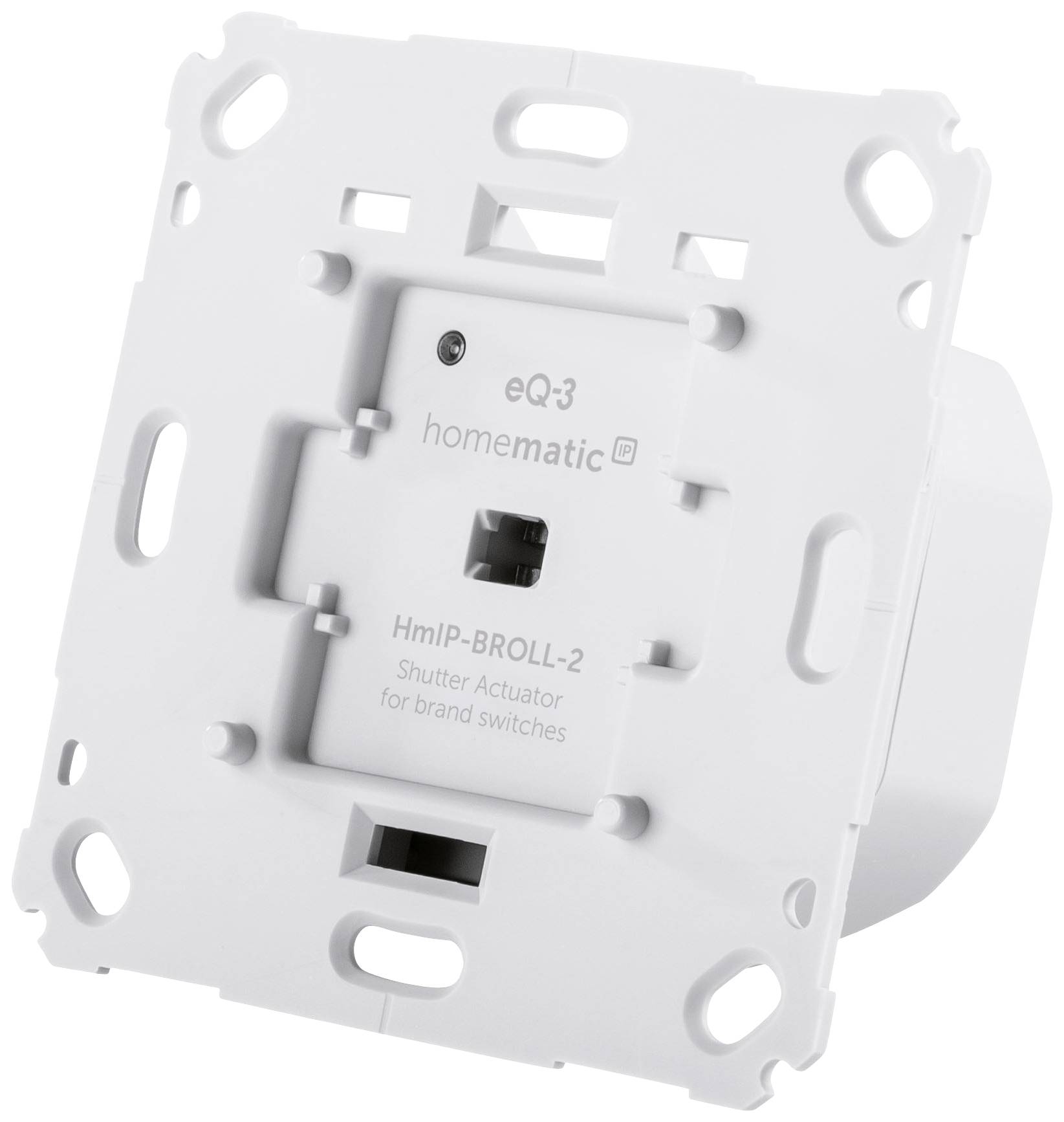 Boîtier rectangulaire blanc d'un actionneur de volet roulant 'Homematic' pour le contrôle des stores. Compatible avec les cadres de marque, modèle HmIP-BROLL-2.
