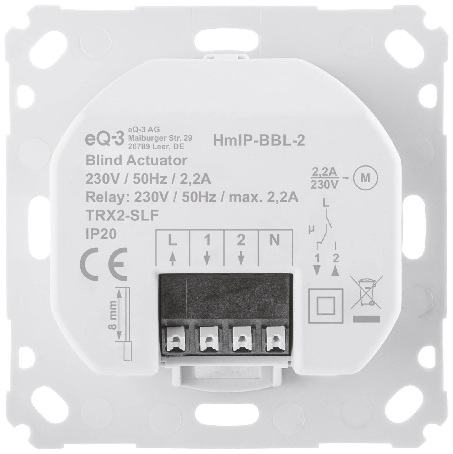 Module électronique avec étiquette 'HmiP-BBL-2 Actionneur Aveugle', spécifications techniques et bornes de connexion.