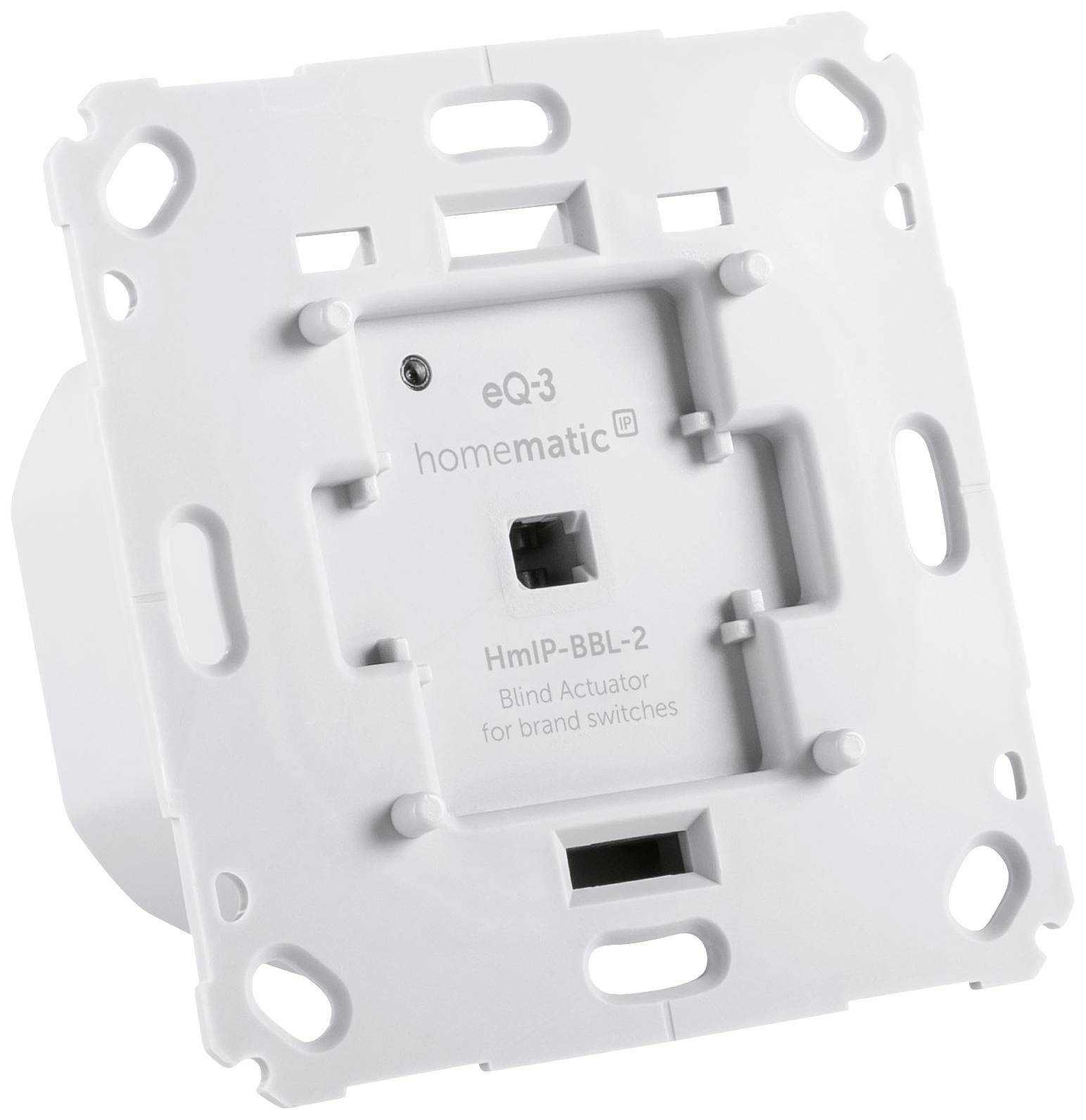 Un actionneur de volets roulants HmIP-BBL-2 blanc de eQ-3, compatible avec les interrupteurs de marque, pour la commande des volets roulants ou des stores dans les systèmes domotiques.