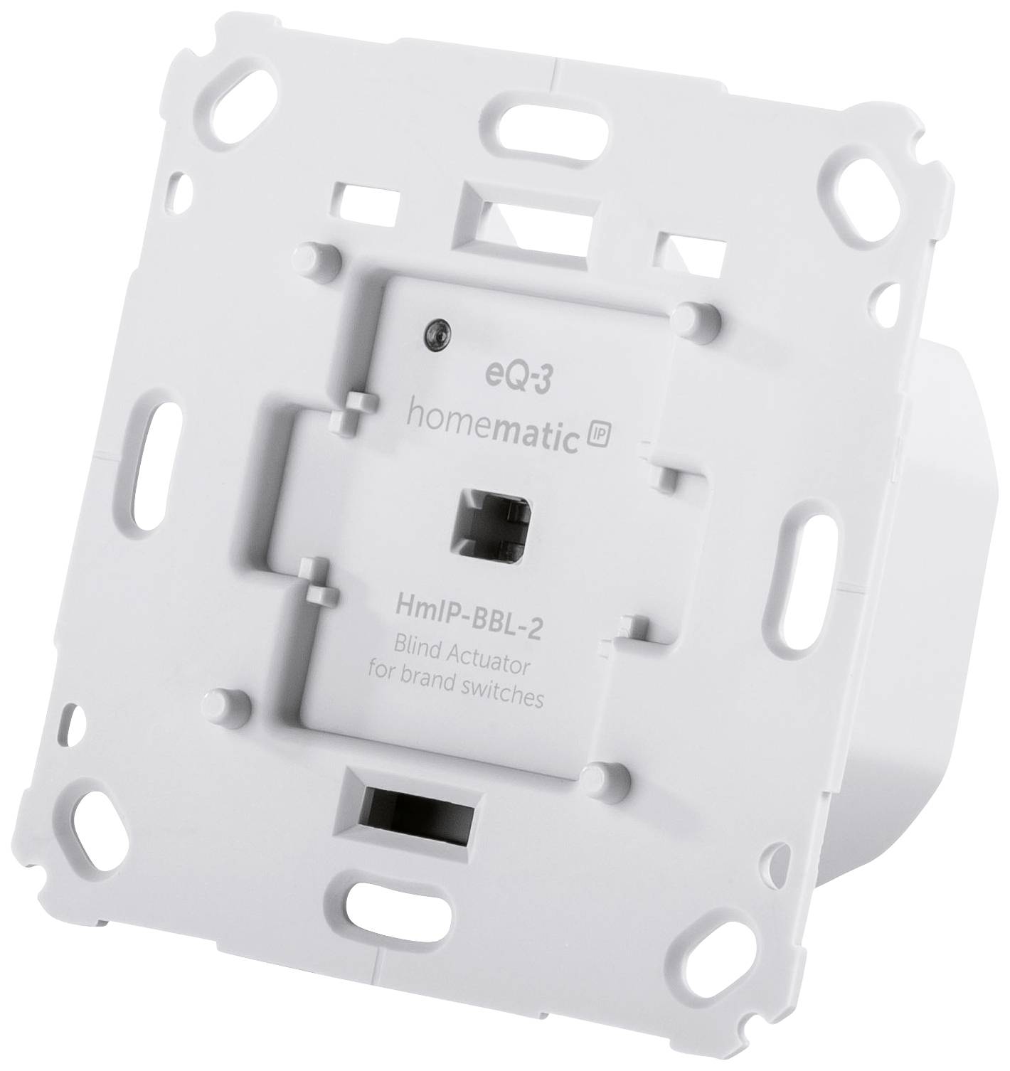 Un actionneur de volet roulant Homematic IP blanc pour interrupteurs de marque, modèle HmIP-BBL-2, montable dans des boîtes d'interrupteurs muraux, pour le contrôle des volets roulants.