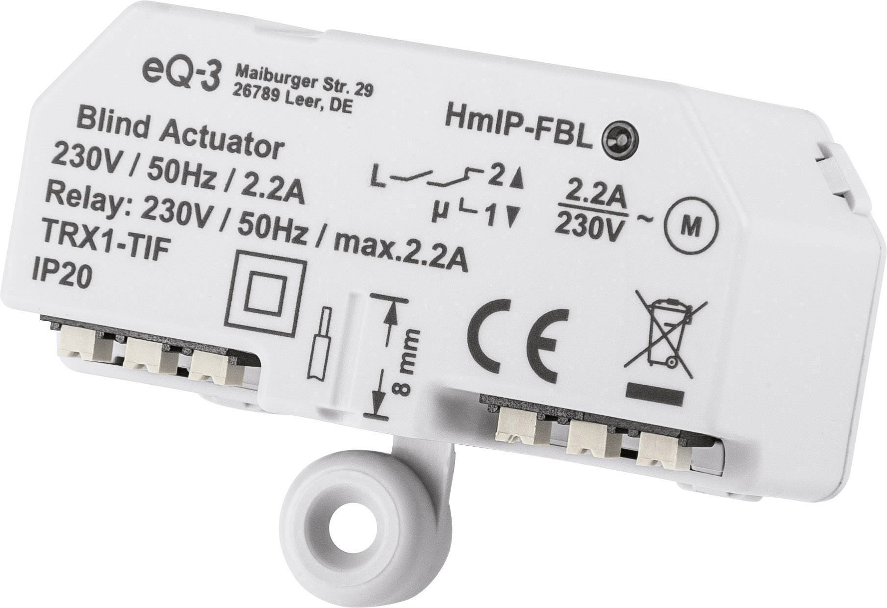 Un actionneur de volet roulant blanc avec les spécifications techniques suivantes : 230V/50Hz, max. 2,2A, IP20. Fabricant : eQ-3, Modèle : HmIP-FBL.