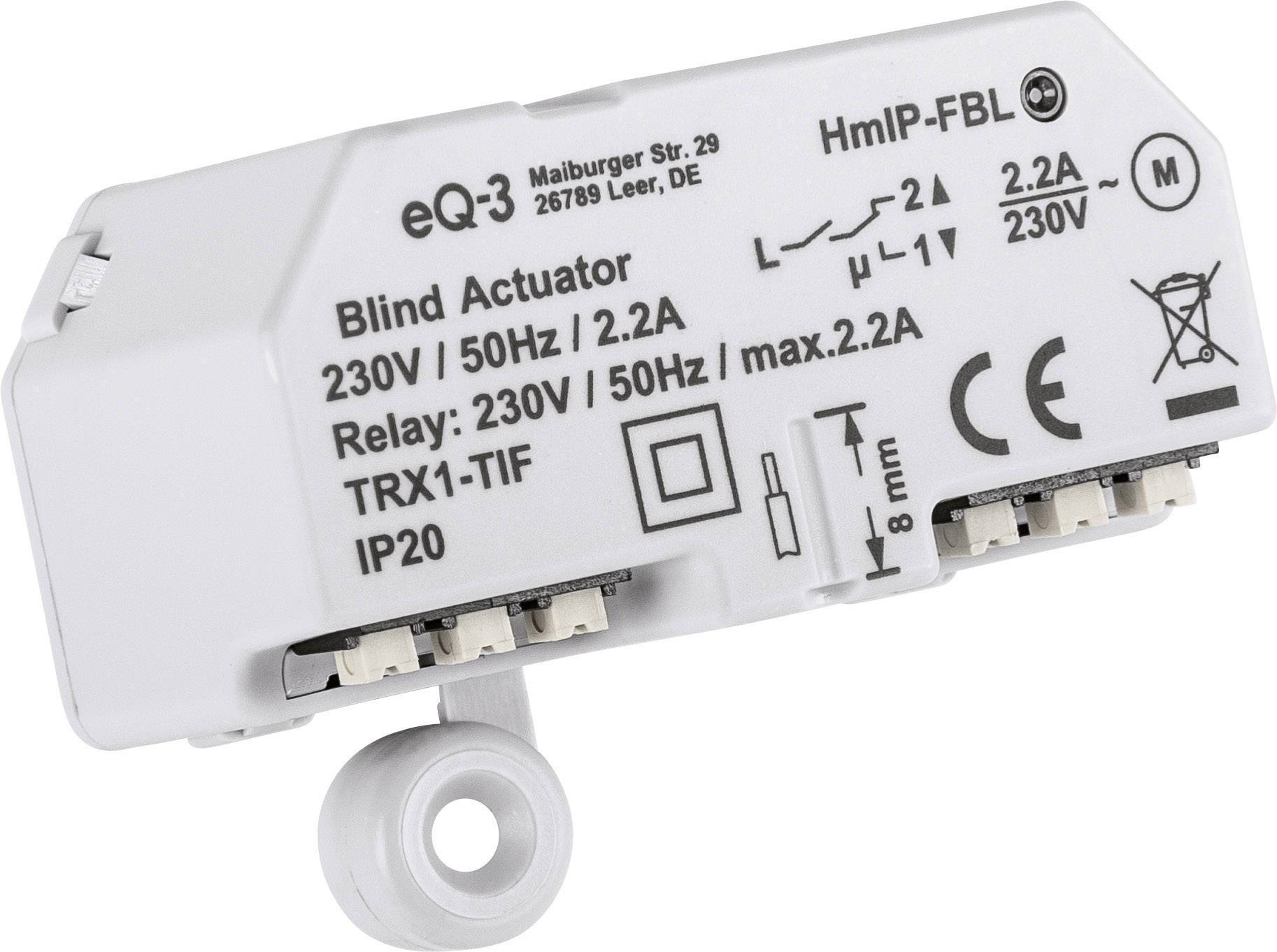 Appareil 'Actionneur Aveugle' avec spécifications : 230V, 50Hz, 2,2A, IP20. Fabricant : eQ-3, HmIP-FBL. Fonction principale : Commande de volets roulants.