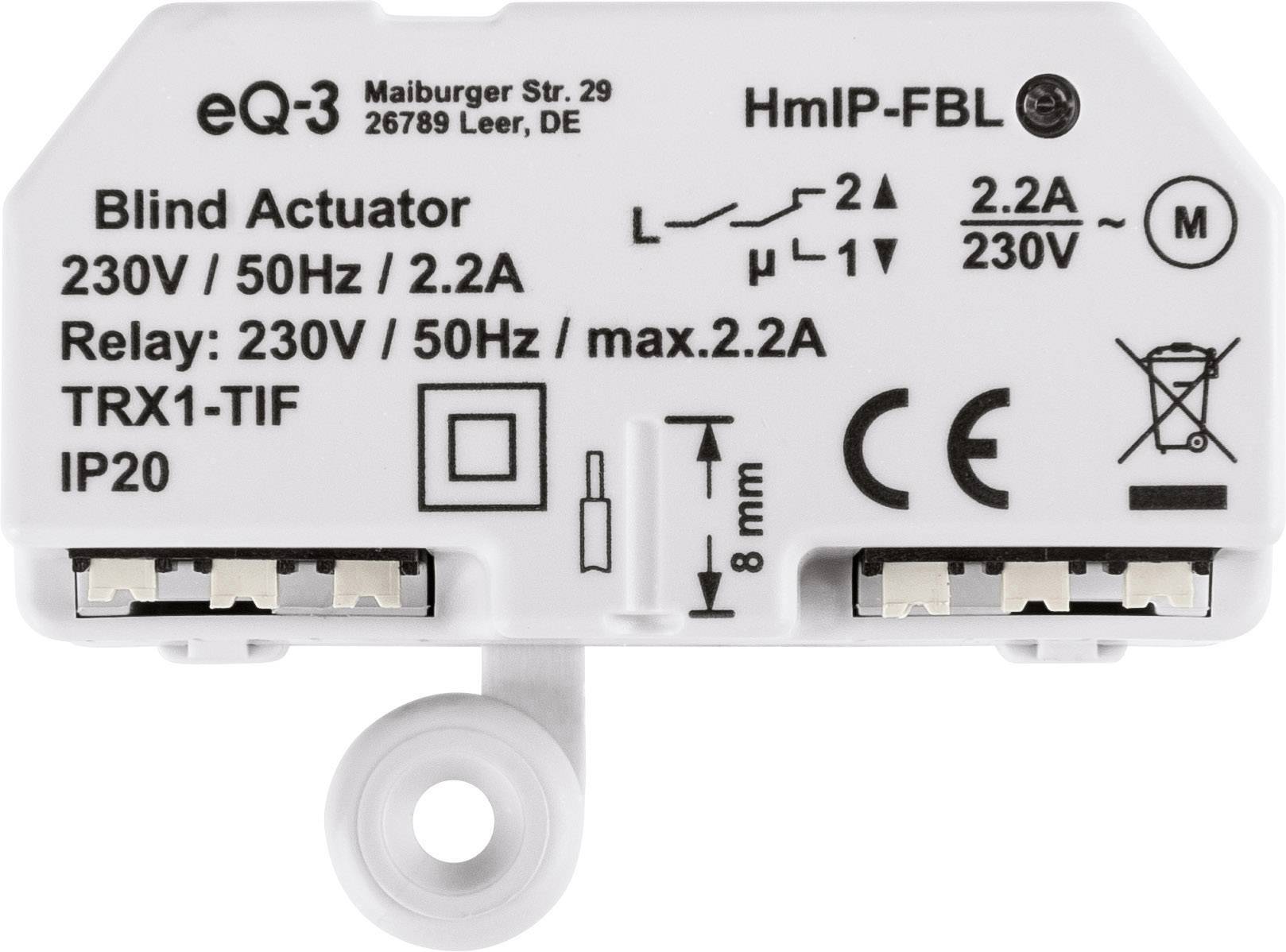 Actionneur 'Aveugle' pour le contrôle des stores, 230V/50Hz, avec symboles techniques et spécifications sur boîtier blanc.